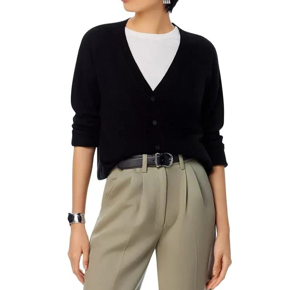 Bloomingdale's Women Black Cable Knit Cashmere V Neck Cardigan Size S